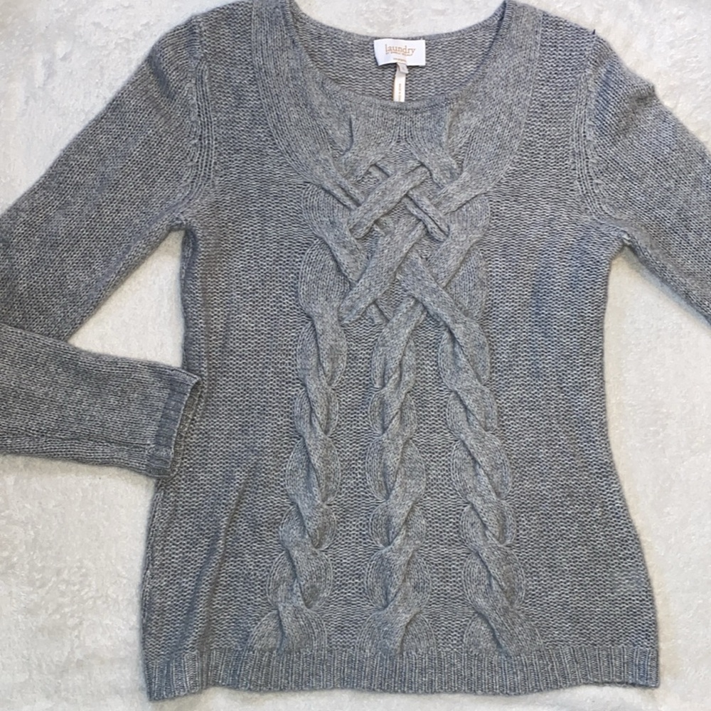 Laundry cashmere light gray chunky cable front sweater Sz L